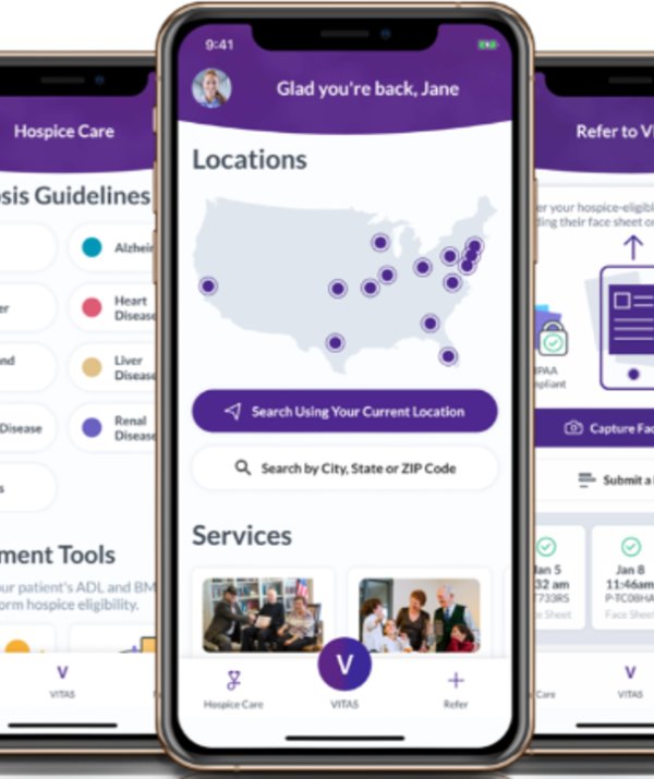 Three screenshots of the VITAS mobile app